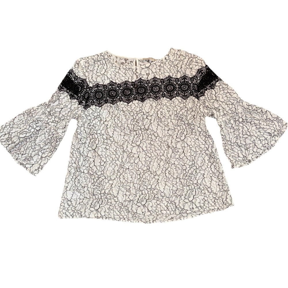 LOFT Floral Ivory & Black With Black Lace Bell Sleeve Top Size Large